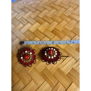 Vintage Red Enamel Gold Flower Brooch Pin Set.   Several  "pearls" are missing.